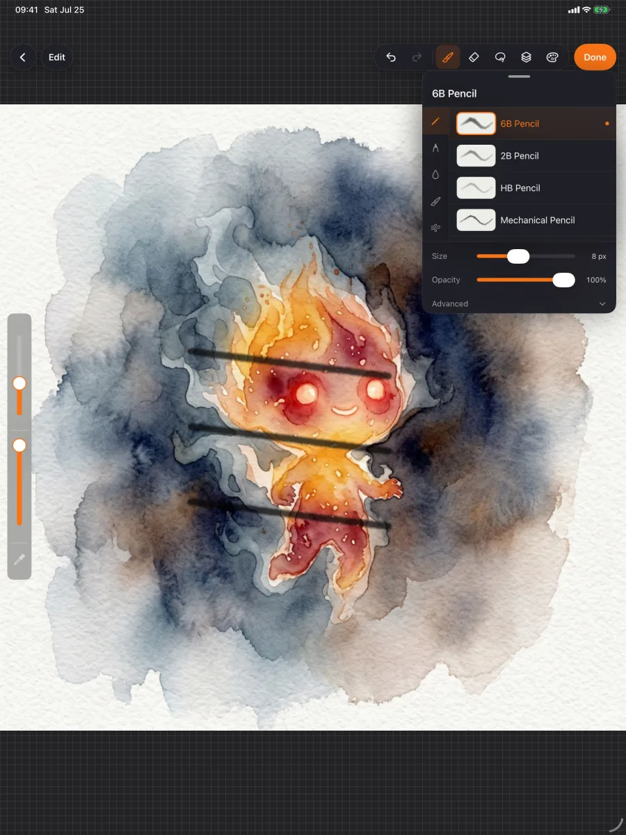The Animix Studio Metal painting canvas on iPad: a watercolor ember character being painted, with the brush picker open on 6B Pencil and live size and opacity sliders.