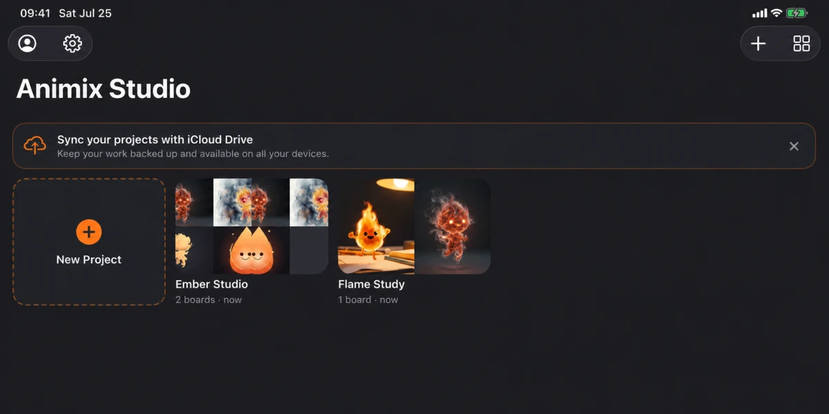 The Animix Studio projects screen on iPad with a ‘Sync your projects with iCloud Drive’ banner and project cards — Ember Studio and Flame Study — each showing thumbnails of real generated media.