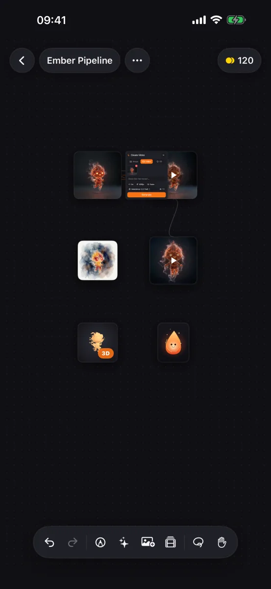 Animix Studio on iPhone: a node on the board with the Create Video panel open, picking the Seedance 2.0 model and showing its credit cost before generating.